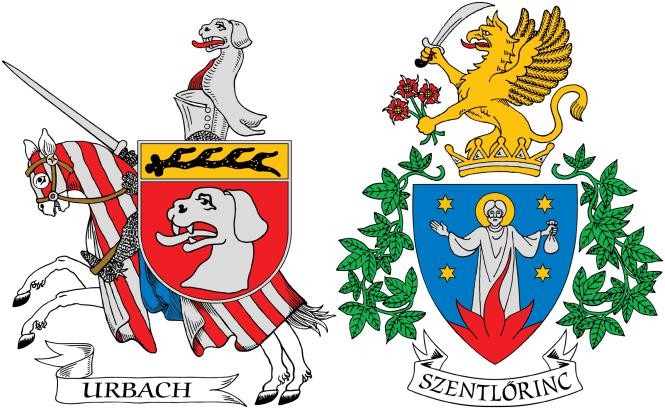Darstellung von zwei Wappen - das Wappen der Stadt Urbach und das der Partnerstadt Szentlőrinc im Südwesten Ungarns